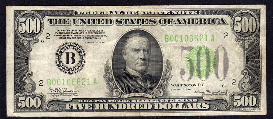 Fr.2201-B, 1934 $500 New York Federal Reserve Note,  VF, B00106621A